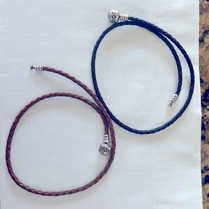 Two Authentic Pandora Double leather Bracelets (Navy and Brown)